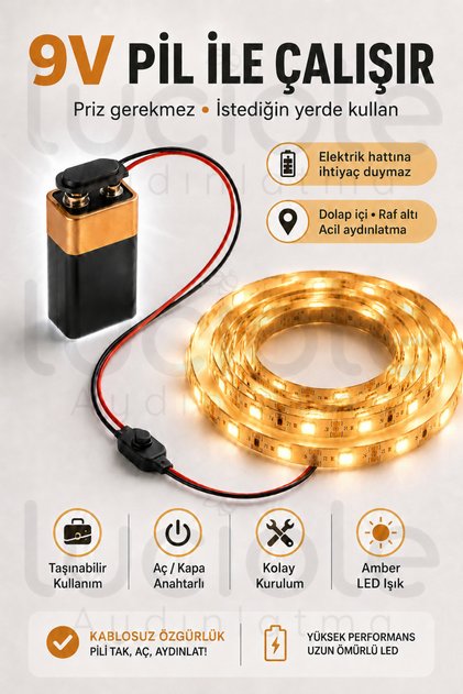 1 Metre Amber 9V Pilli Anahtarlı Şerit LED Set Pil Dahil Prizsiz Yapışkanlı Dolap Raf Işığı