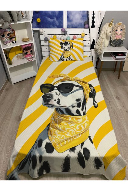 Energy of Summer Colors Fashion Pets Dog Patterned Baby Kids Single Pique and Pillowcase Bedspread Set