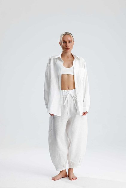 Gi̇allo Linen Carrot Pants Shirt White Set