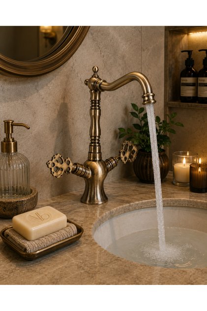 صنبور حوض غسيل عتيق على الطراز العثماني - صنبور حمام بتصميم كلاسيكي قديم مع فوهة على شكل بطة - بمظهر نحاسي عتيق