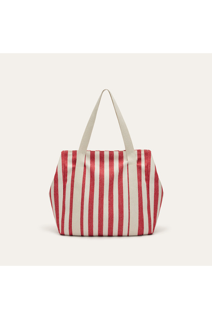 Women's Red Striped Canvas Textured Handbag
