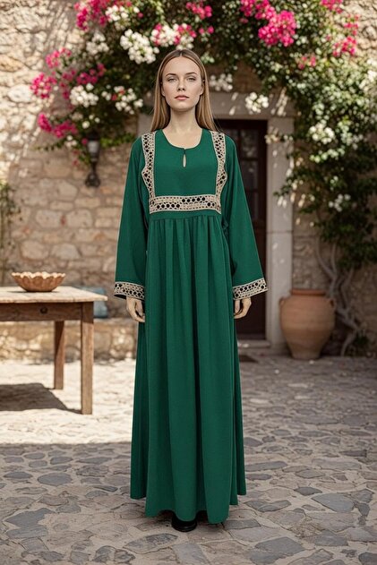 Peach DEE'S FASHION Women's Long Maternity Gown with Gold Trim, Empire Waist,  Long Sleeve Maxi Dress (UAE/KSA, Alpha, XL, L, Regular, Regular, green)-  Trendyol
