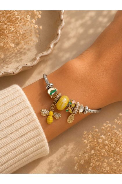 Bee Charm Bracelet Women's Steel Bracelet with Yellow Stones and Gold Detailing Stylish Charm Bracelet