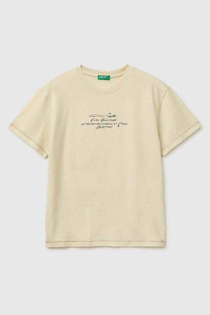 Boy's T-Shirt with Front Print and Embroidered Back, Crew Neck, Ecru, 6-13 Years