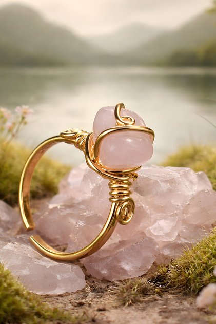 Pink Quartz Gold Color Ring Adjustable Copper (Plated)