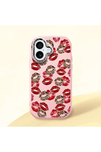 iPhone 16 Compatible Case with Camera Protector Pink Silicone Couple Phone Case with Kiss Pattern