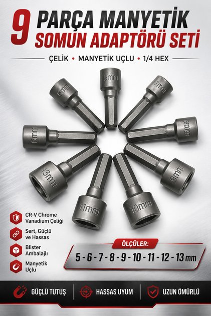 9'lu Manyetik Somun Adaptör Seti 5 6 7 8 9 10 11 12 13 mm CR-V Çelik 1/4 Hex Lokma Uç Seti Matkap Vidalama Uyumlu