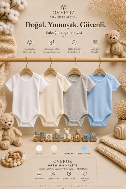 4-Piece Blue Melange Gray White Ecru Short Sleeve Baby Bodysuit Set for Girls and Boys with Snap Fasteners