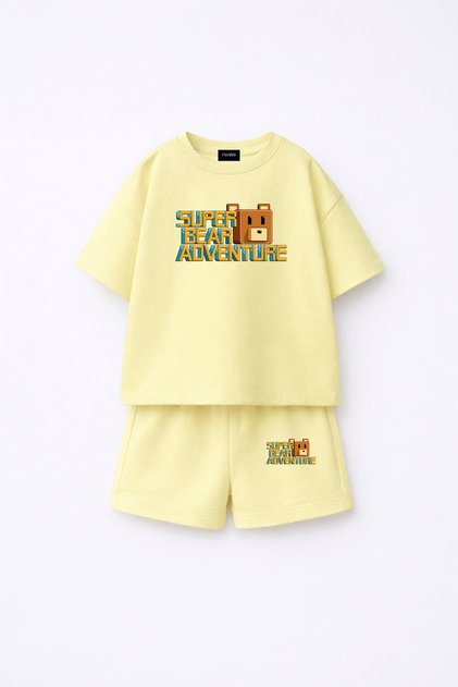 Super Bear Adventure Super Bear Printed Oversize 100% Cotton T-Shirt Shorts 2-Piece Children's Set