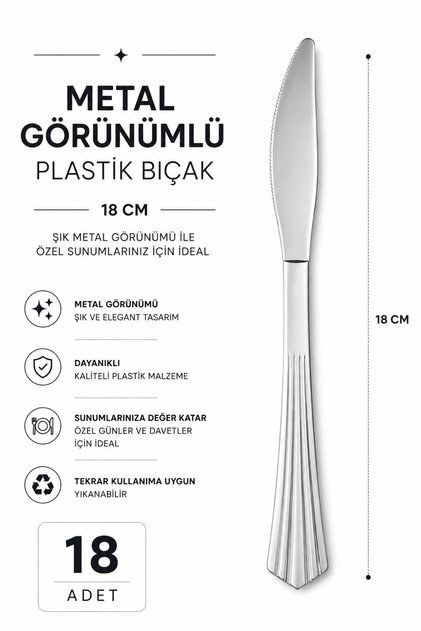 Plastik Bıçak 18cm Metal Görünümlü - 18'li
