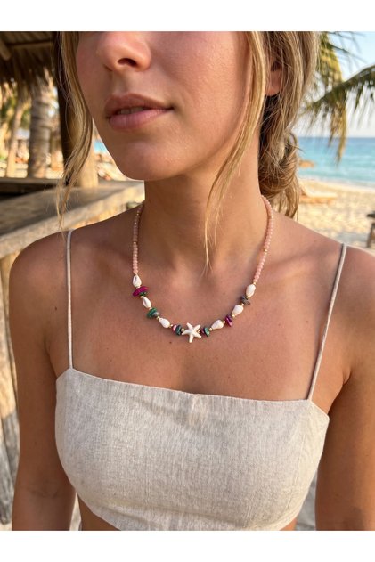 Natural Stone Powder Crystal Beaded Summer Necklace with Starfish and Shell Detail