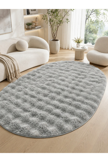 OVAL Bubble Ultra Soft Puffy Kaymaz Taban Peluş Tavşan Tüyü Halı Gri