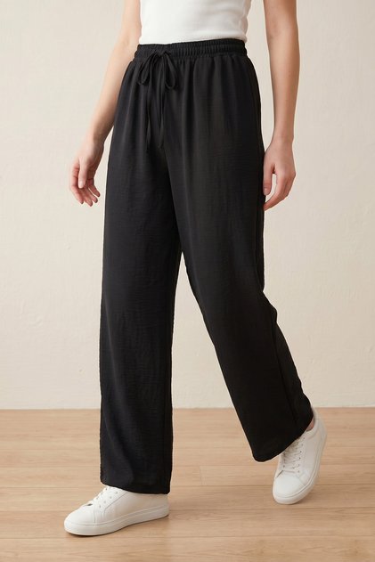 Women's Black Elastic Waist Wide Leg Comfortable Aerobin Pants