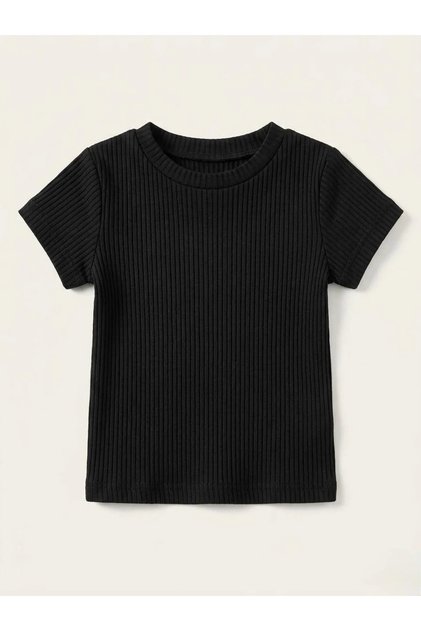 Girl's Short Sleeve Ribbed Bodysuit - Black (1-5 Years)