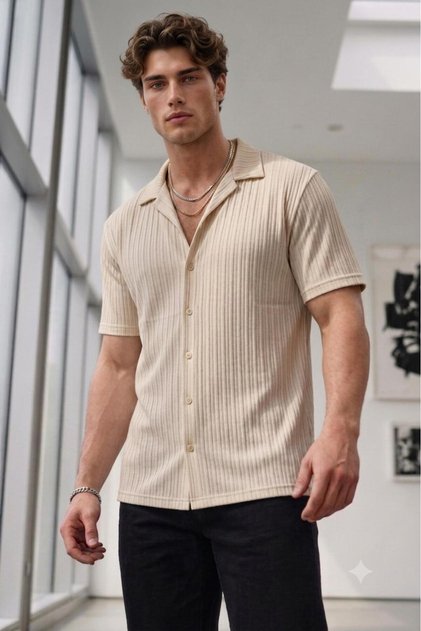 Men's Beige Marcussa Striped Short Sleeve Summer Shirt