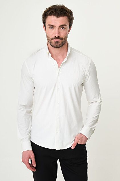Çizgili Slim Fit Dik Yaka Uzun Kollu Erkek Gömlek Beyaz - 27152.26Y