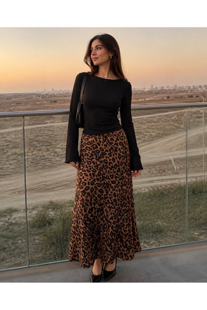 Leopard Patterned Satin Skirt High Waist Midi Length