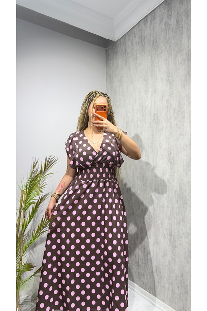 Women's Polka Dot Gipel Waist Double Breasted Collar Midi Length Dress