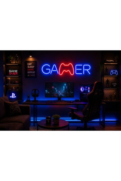 GAMER Neon Tabela Oyun Odası Dekoru Oyuncu Hediyesi 60x15 cm Adaptör Dahil.
