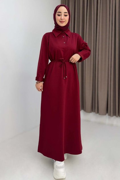 Women's Tie-Waist Plain Basic Dress Burgundy