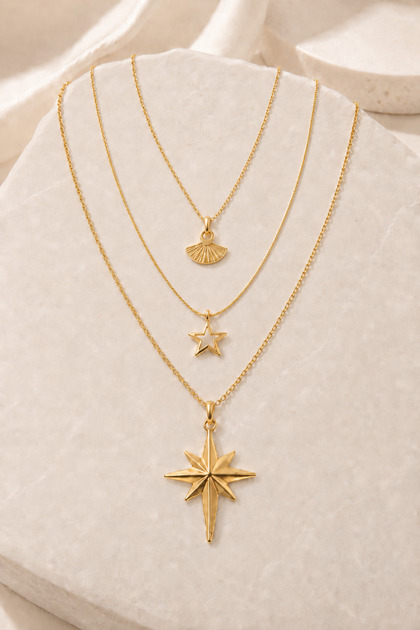 Women's Gold Color 3-Piece Necklace Set with Fan Star and Pole Star Figures, Multiple Necklaces