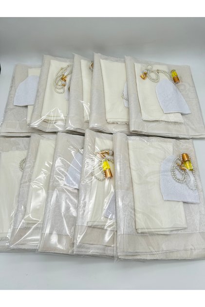 10 Pieces Gift (for Dowery-Mevlüd-Hac-Umre) Prayery Mat Cover with Gelatin and Flamingo Design, Fragranced Takke, Tesbi̇h