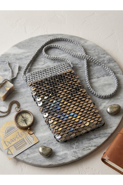 Handmade Hand Knitted Sequined Strap Phone Bag - Modern Gray Sequined Mini Bag Size: 17*11 cm Handle Length: 55 cm