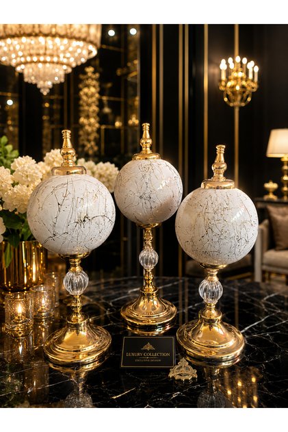 3’lü Gold Küre Biblo Seti – Lüks Dekoratif Salon Konsol Sehpa Aksesuarı, Modern ve Klasik Ev Dekoru