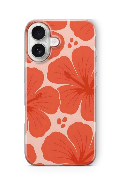 iPhone 16 Compatible Orange Hibiscus Flower Pattern Transparent Phone Case