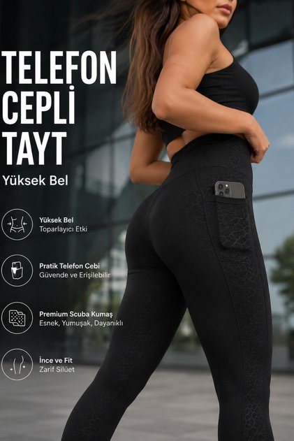 Women's Diver Leggings, Black Patterned High Waist Gathering Leggings with Practical Pockets for Sports and Daily Wear