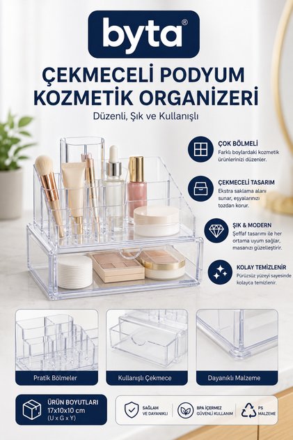 Transparent Acrylic Makeup and Cosmetic Organizer with Drawers – Multi-Compartment Desktop Storage and Organization Box