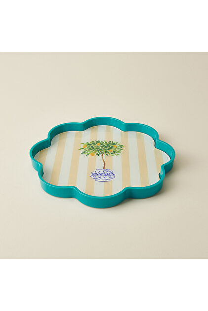Kitchen Flower Camlı Tepsi - Mavı / Beyaz - 28 cm