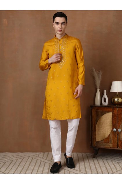 Mens Thread & Mirror Work Modal Silk Kurta Set