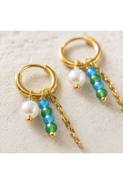 Steel Hoop Earrings with Pearl, Blue Agate, and Aventurine Chain Detail