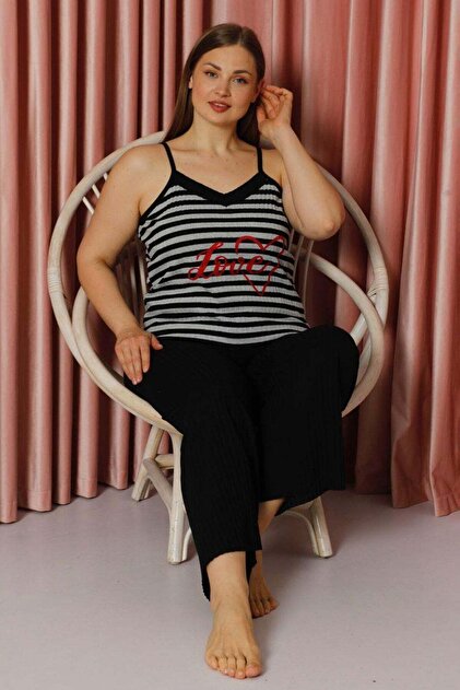 Plus Size Striped Rope Strap Pajama Set