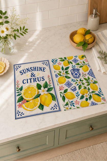 Sunshine Citrus Lemon and Blue Floral Summer Patterned Decorative Stylish 2-Piece Kitchen Towel Set 35X55