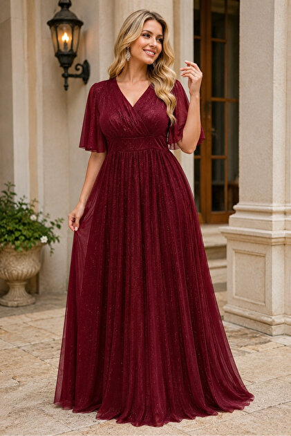 AQE FASHION Women's Double Breasted Collar Short Sleeve Tulle Sleeve Lycra Stretchy Glitter Lined Long Burgundy Evening Dress