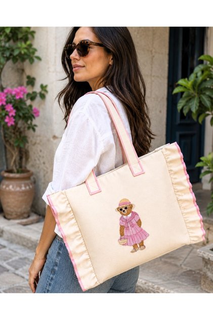 Teddy Series Natural Canvas Large Beach Bag Pink