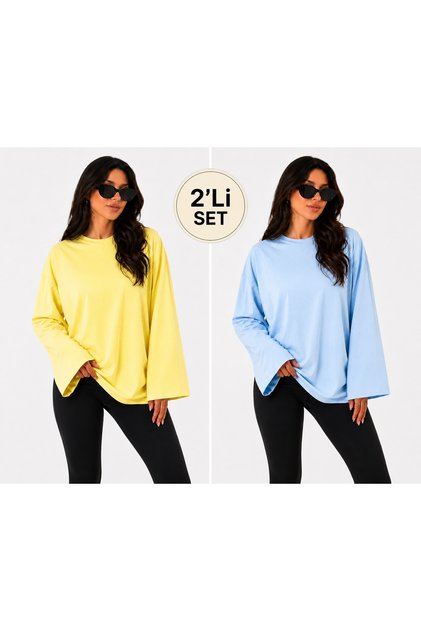 Women's Set of 2 Oversize Basic Long Sleeve T-Shirts Yellow Blue Loose Comfortable Fit