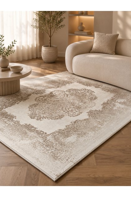 Madalyon Desenli Lüks Akrilik, Klasik Kabartmalı Dokulu Bej Salon Halısı