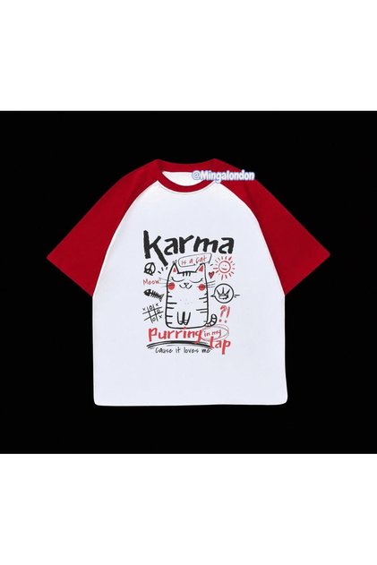 Karma Purring Lap Printed Red Raglan Sleeve T-Shirt