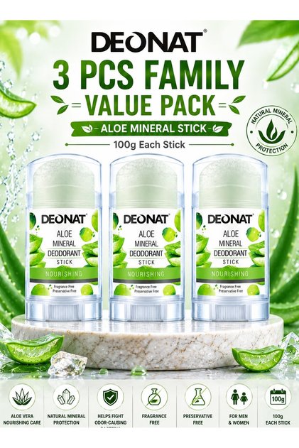 Aloe Mineral Deodorant Stick 100g Pack of 3 Pure Crystal Alum with Aloe Vera Extract Hydrating Soothing Chemical Free Fragrance Free Preservative Free Long Lasting Odor Protection Men Women