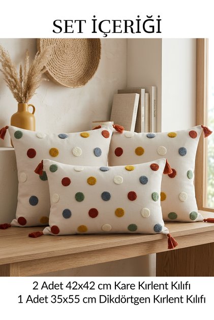 Set of 3 Buldan Handmade Cotton Punch Embroidered Throw Pillow Covers - Colorful Polka Dot Patterned Bohemian Pillow