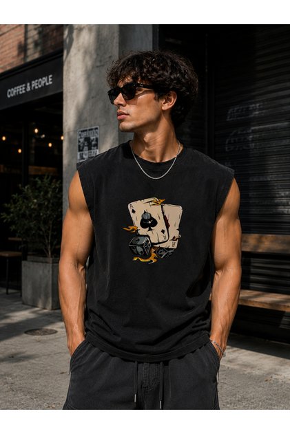 Zero Sleeve Unisex Playing Cards Printed Cotton Combed Crew Neck T-Shirt