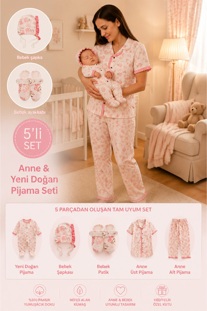 Newborn 5-Piece Mother-Baby Combination Pajama Set – Jumpsuit, Hat, Booties + Mother's Bottom and Top Pajamas