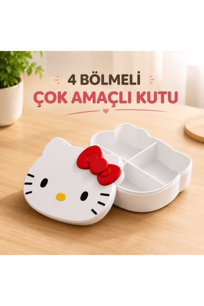 Hello Kitty 4 Bölmeli Saklama Kutusu Takı Organizer Kozmetik Düzenleyici Çok Amaçlı Masaüstü Kutu