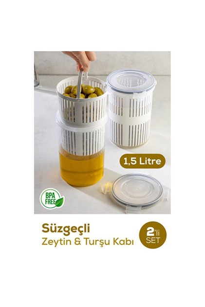 Set of 2 1.5 Liter Storage Containers with Strainer, Olive Bowl and Pickle Bowl