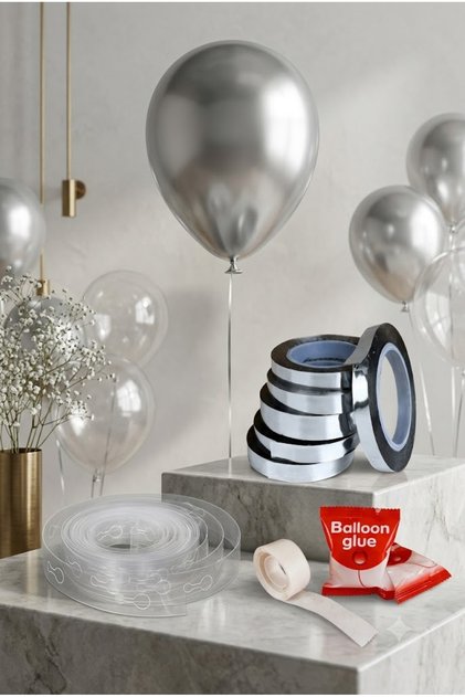 25 Meters Silver Raffia Balloon Chain Balloon Tape Party Decoration Set 3 Pieces