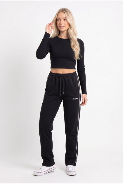 Women's Black Color Sweatpants with Double Piping on the Sides, Comfortable Fit, and Zipper Pocket Detail