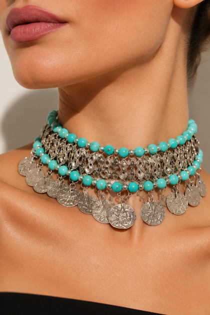 Pul Detaylı Boncuklu Choker Kolye - Etnik Modern Kadın Aksesuar & Premium Kutu